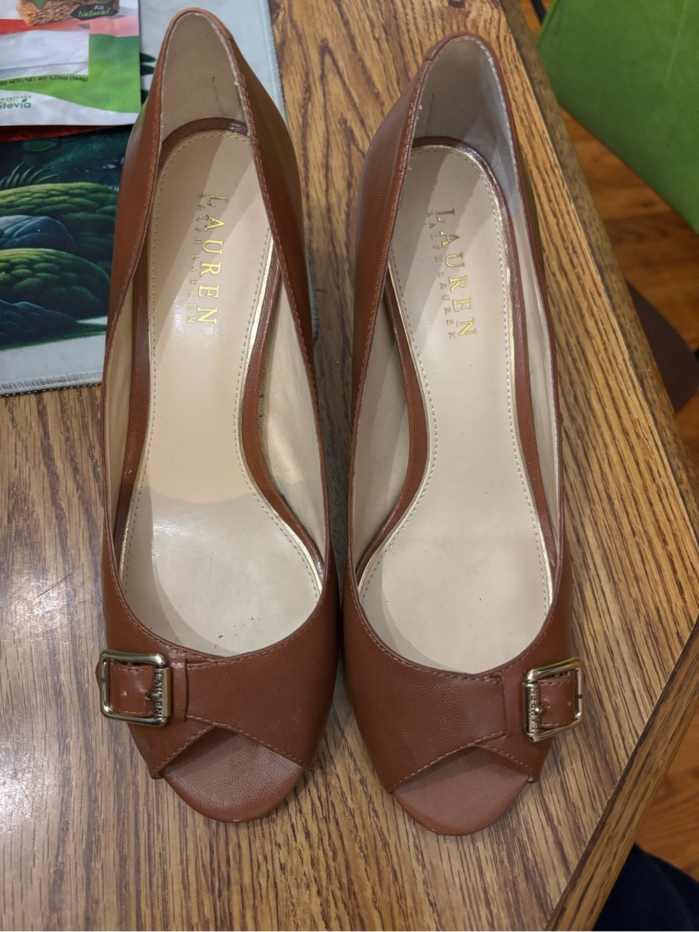 Lauren Ralph Lauren Tan/Brown Leather Peep-Toe Heels with Buckle